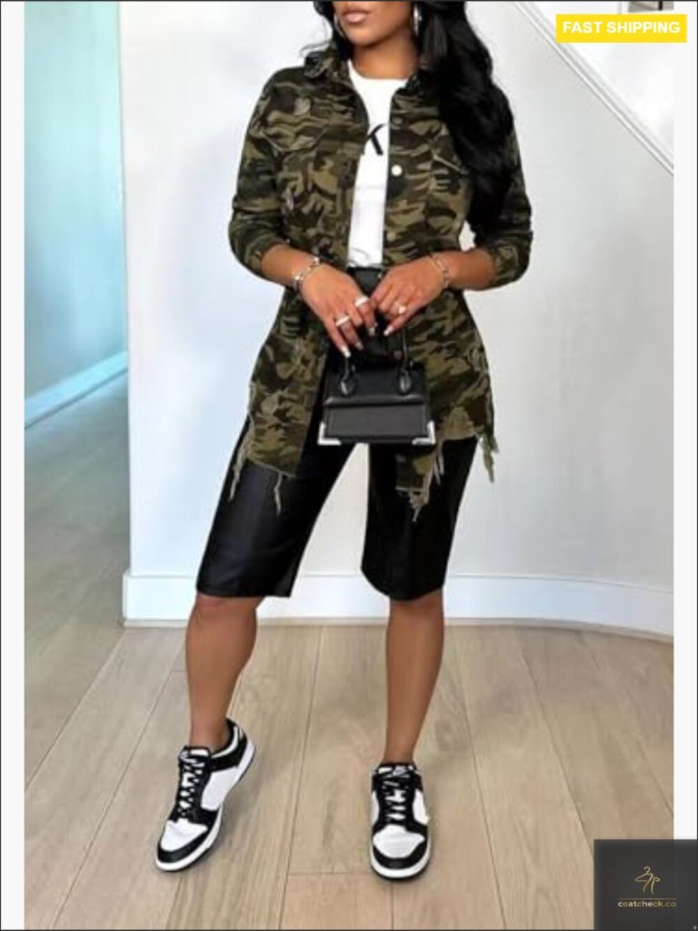 Women's Ripped Camo Jacket Casual Army Fatigue Button Down Utility Coat Plus - Picture 2 of 6